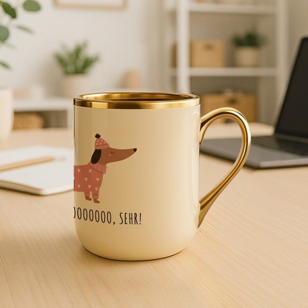 Kaffeebecher mit Goldakzenten und Aufdruck für sie zum Jahrestag
