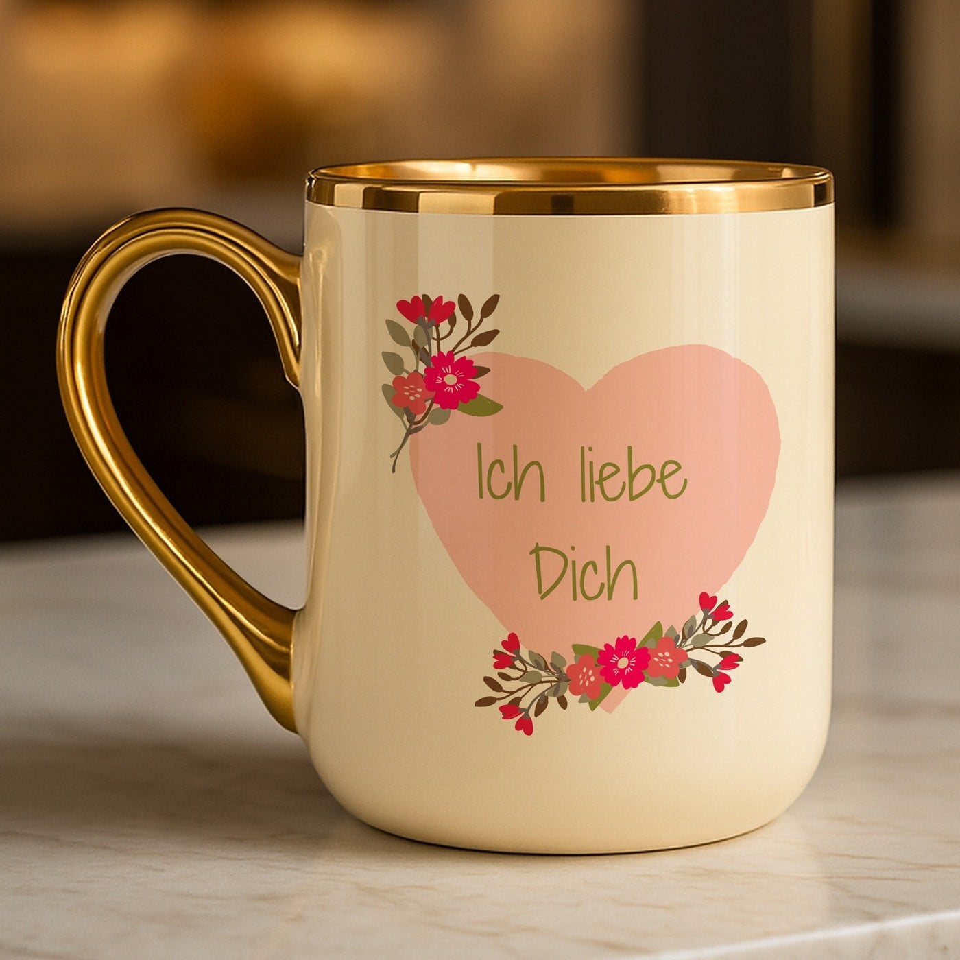 Kaffeebecher mit Goldakzenten und Aufdruck für ein Paar zum Jahrestag