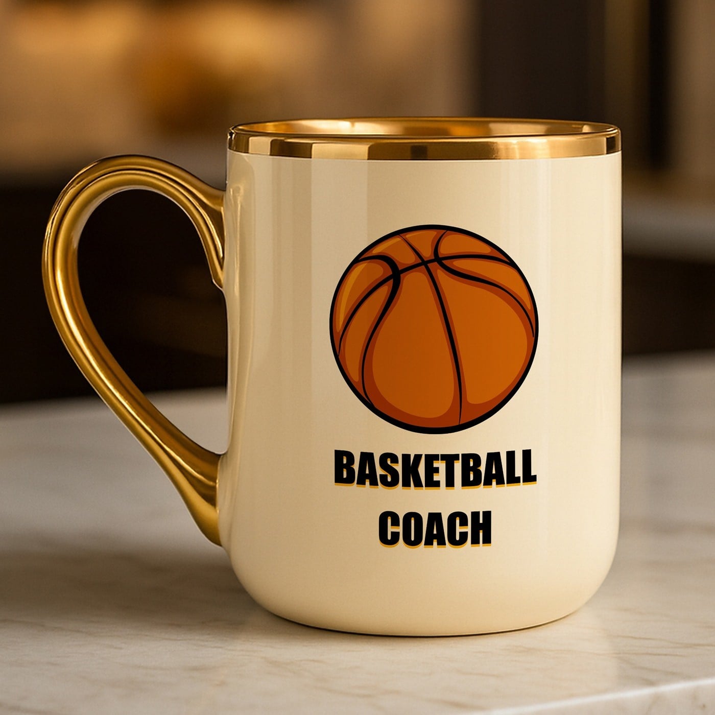 Kaffeebecher mit Goldakzenten und Aufdruck für einen Basketballspieler zum Geburtstag
