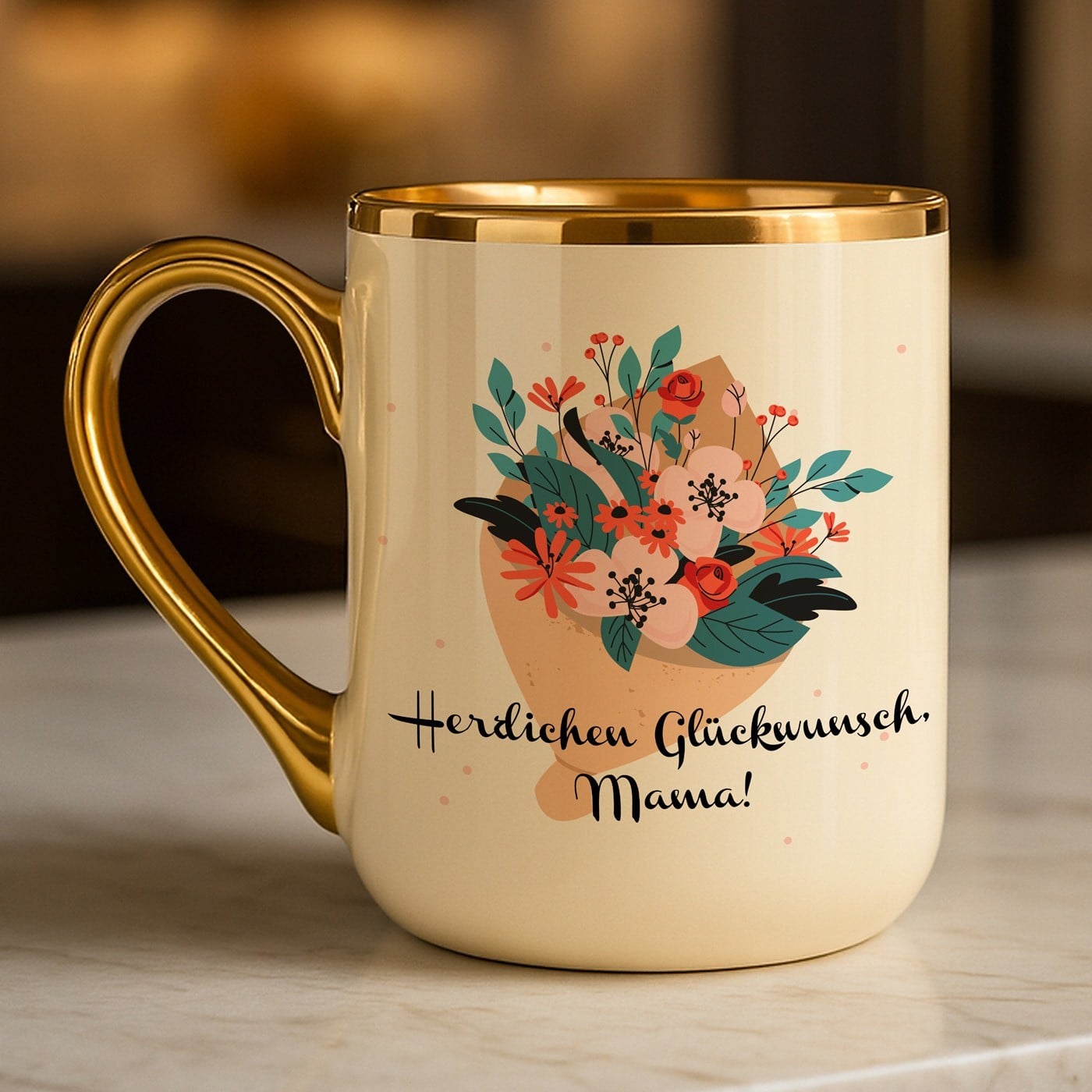 Kaffeebecher mit Goldakzenten und Aufdruck für Ihre Mama zum Geburtstag
