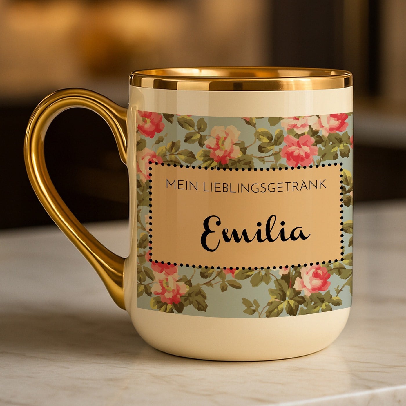 Kaffeebecher mit Goldakzenten und Aufdruck für sie zum Geburtstag, Ehrentag