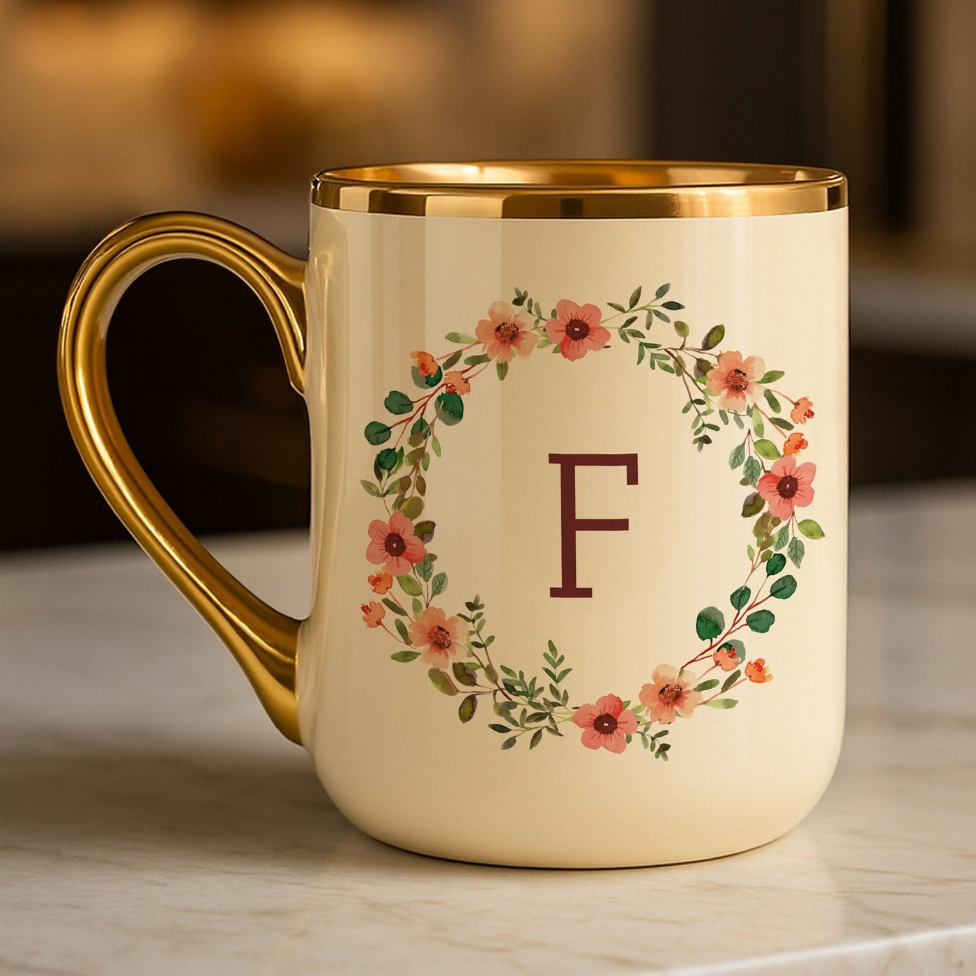 Kaffeebecher mit Goldakzenten und Aufdruck für sie zum Geburtstag