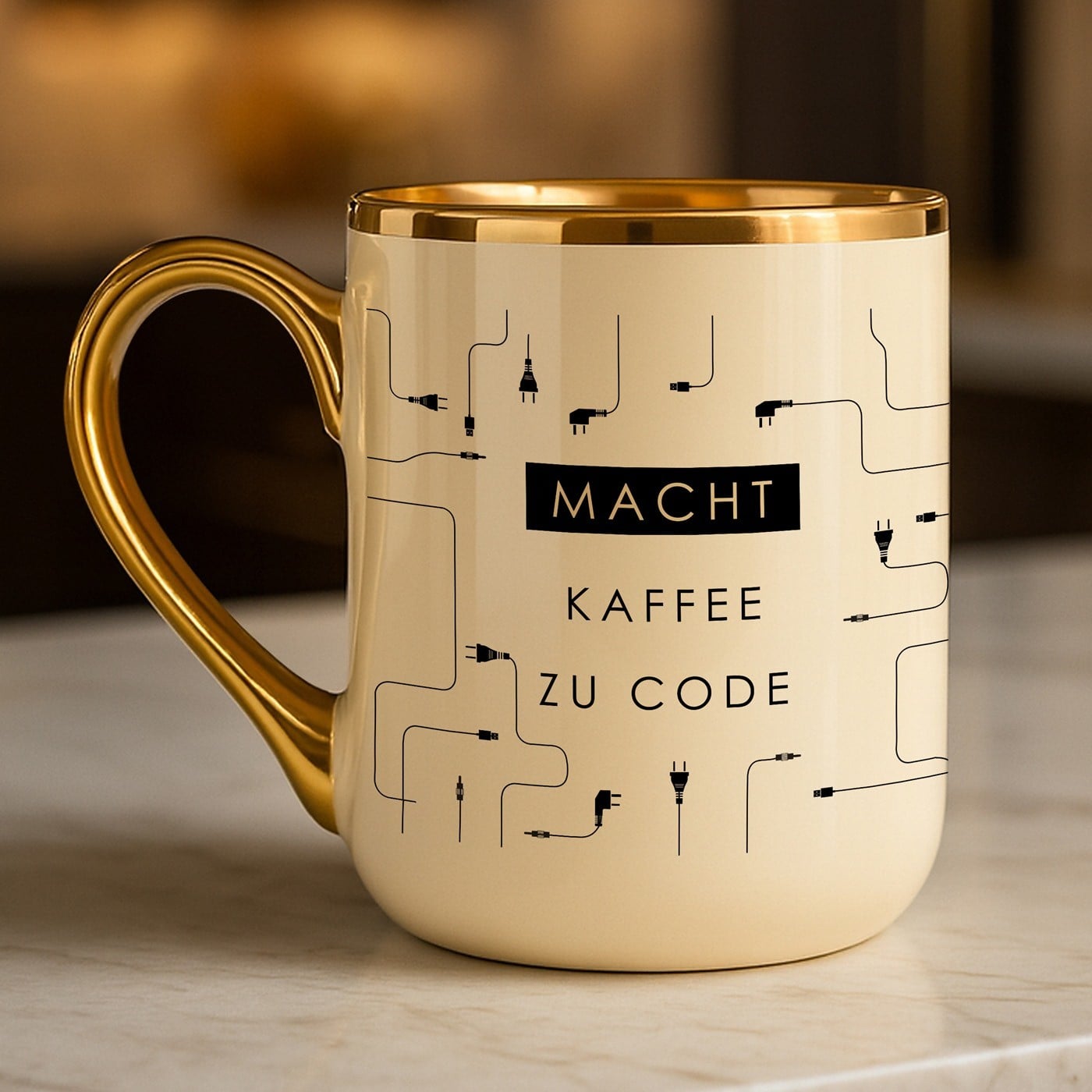 Kaffeebecher mit Goldakzenten und Aufdruck für einen Informatiker