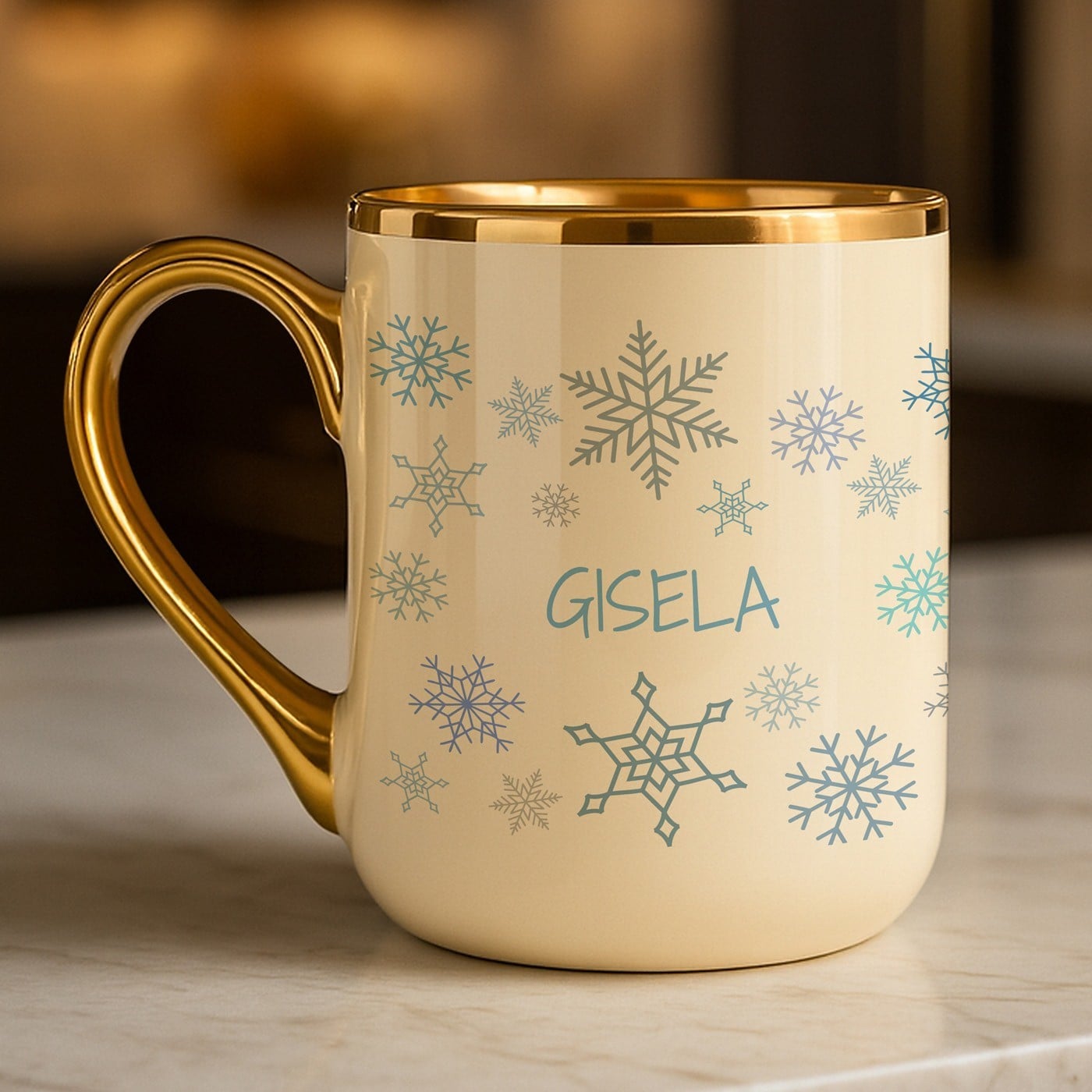 Kaffeebecher mit Goldakzenten und Aufdruck für Ihre Freundin zum Weihnachtsfest