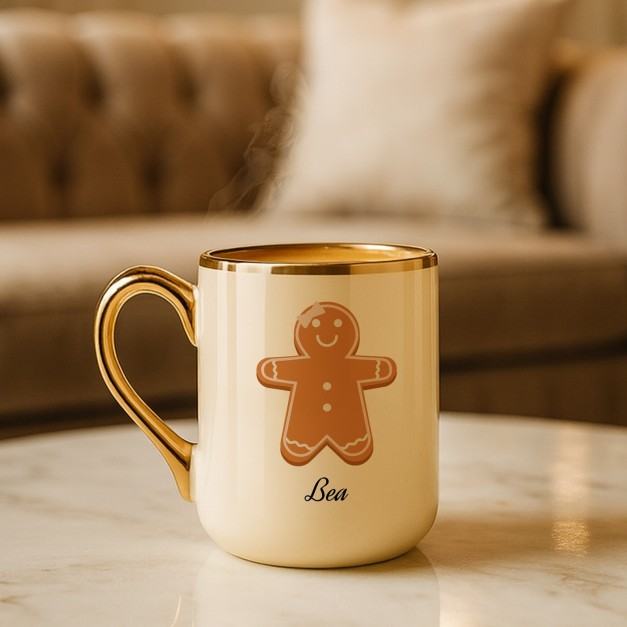 Kaffeebecher mit Goldakzenten und Aufdruck für sie mit Lebkuchen zu Weihnachten