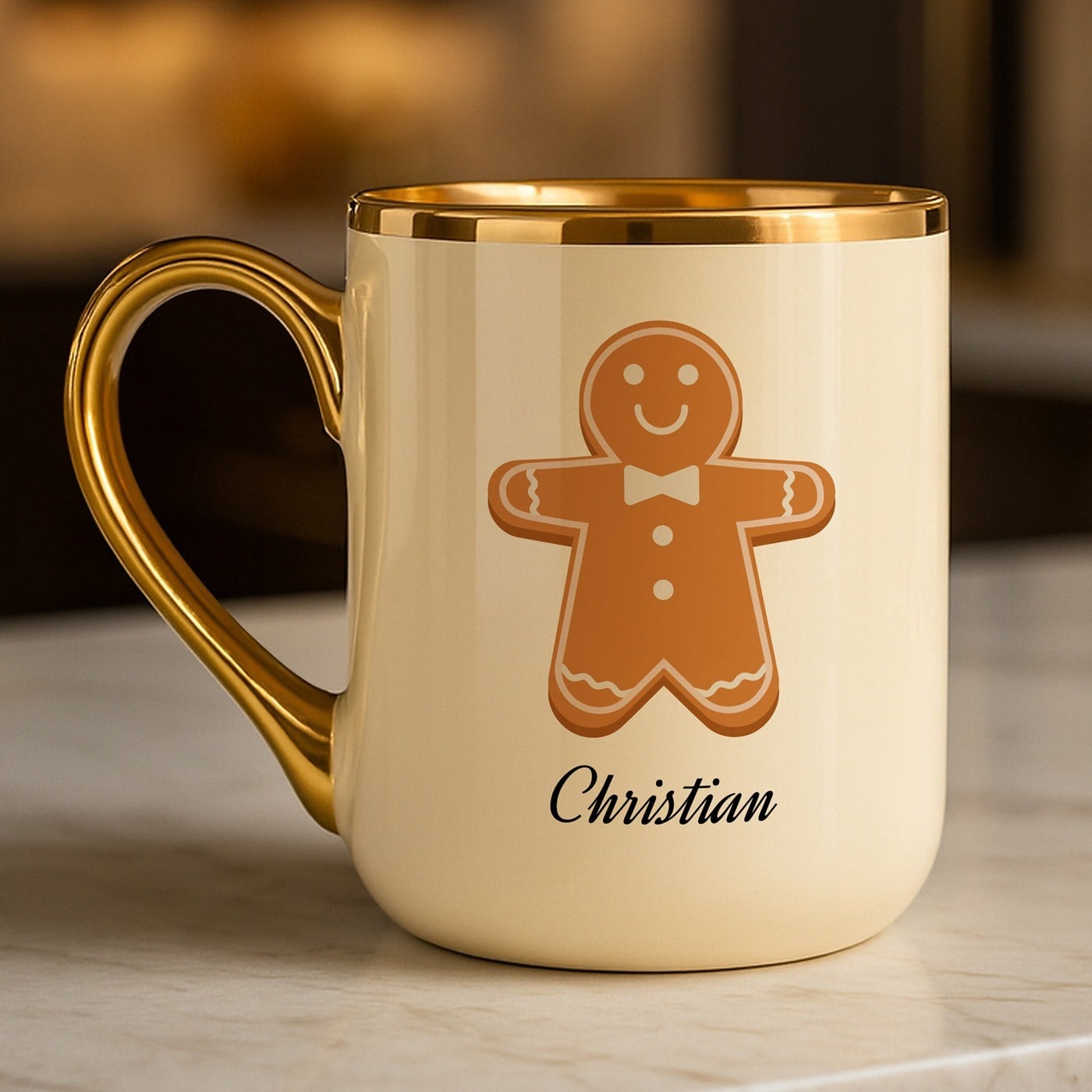 Kaffeebecher mit Goldakzenten und Aufdruck für ihn mit Lebkuchen zu Weihnachten