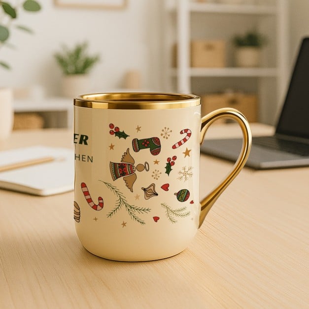 Kaffeebecher mit Goldakzenten und Aufdruck für Ihre Ehefrau zum Weihnachtsfest