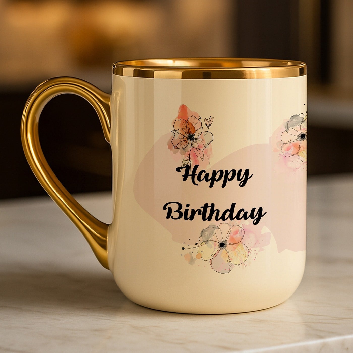 Kaffeebecher mit Goldakzenten und Aufdruck für Ihre Schwester zum Geburtstag