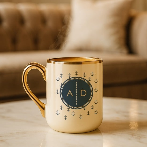Kaffeebecher mit Goldakzenten und Aufdruck für einen Seemann Kapitän