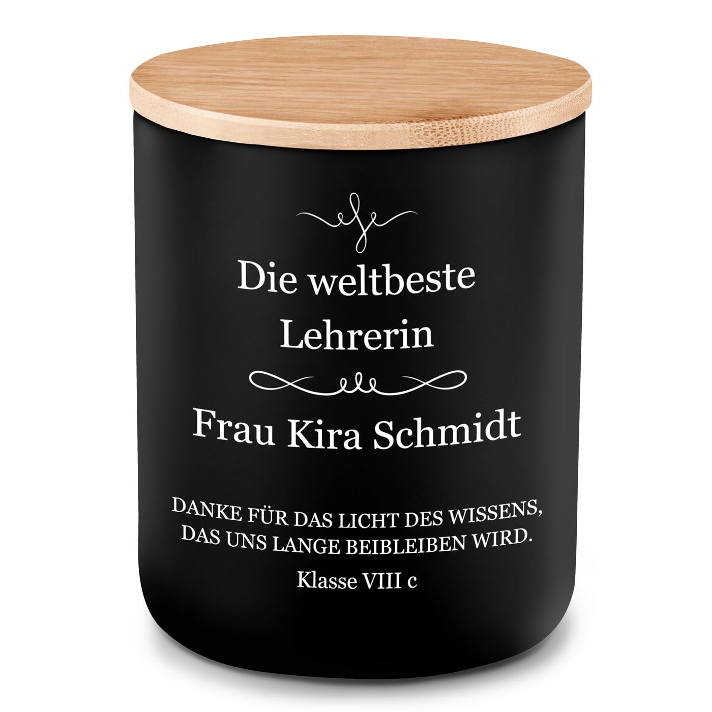 Die Soja-Duftkerze mit Gravur für eine Lehrerin, Erzieherin zum Lehrertag