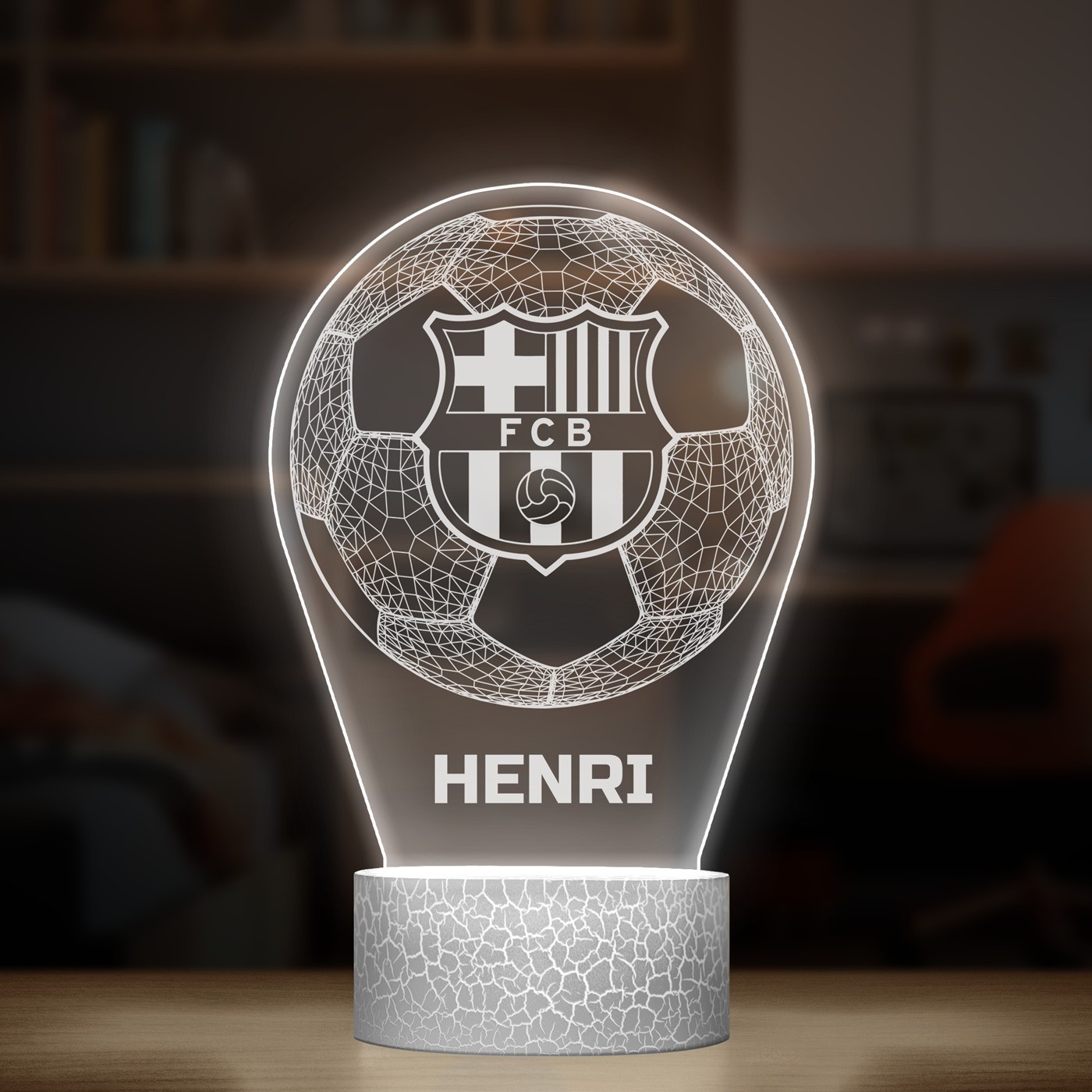 Nachtlicht mit buntem Aufdruck und LED-Sockel für einen Jungen FC Barcelona