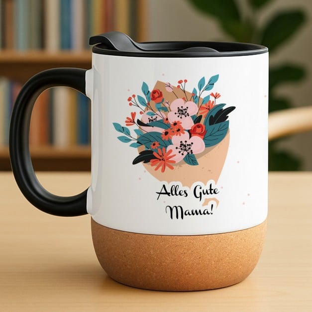 Kaffeebecher mit Aufdruck Weiß/Glänzend mit Korkboden für Ihre Mama zum Geburtstag