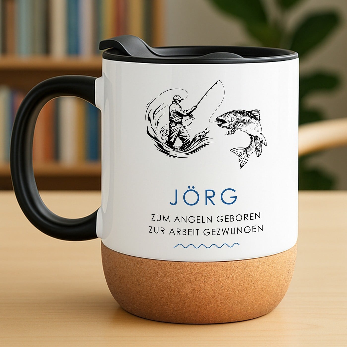 Kaffeebecher mit Aufdruck Weiß/Glänzend mit Korkboden für ihn einen Angler zum Namenstag