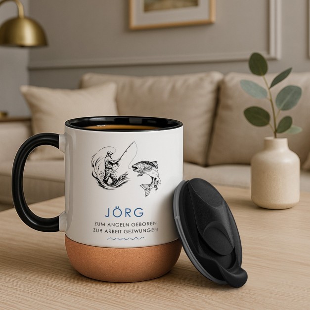 Kaffeebecher mit Aufdruck Weiß/Glänzend mit Korkboden für ihn einen Angler zum Namenstag