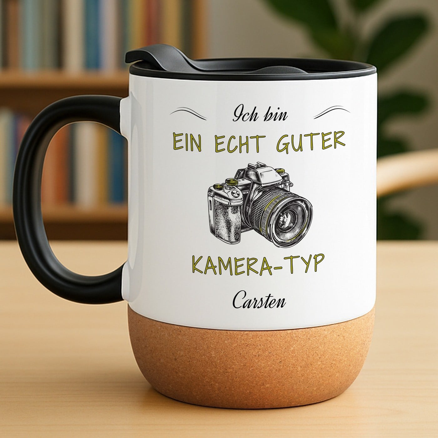 Kaffeebecher mit Aufdruck Weiß/Glänzend mit Korkboden für einen Fotografen zum Geburtstag