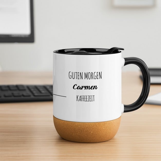 Kaffeebecher mit Aufdruck Weiß/Glänzend mit Korkboden für eine Katzenmama zum Geburtstag