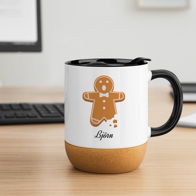 Kaffeebecher mit Aufdruck Weiß/Glänzend mit Korkboden für ihn mit Lebkuchen zu Weihnachten