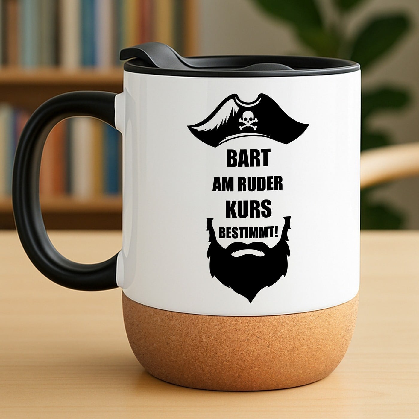 Kaffeebecher mit Aufdruck Weiß/Glänzend mit Korkboden für ihn, Bartträger, Piraten zum Jahrestag
