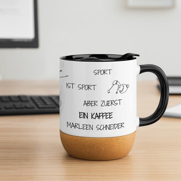 Kaffeebecher mit Aufdruck Weiß/Glänzend mit Korkboden für eine Fitnesstrainerin