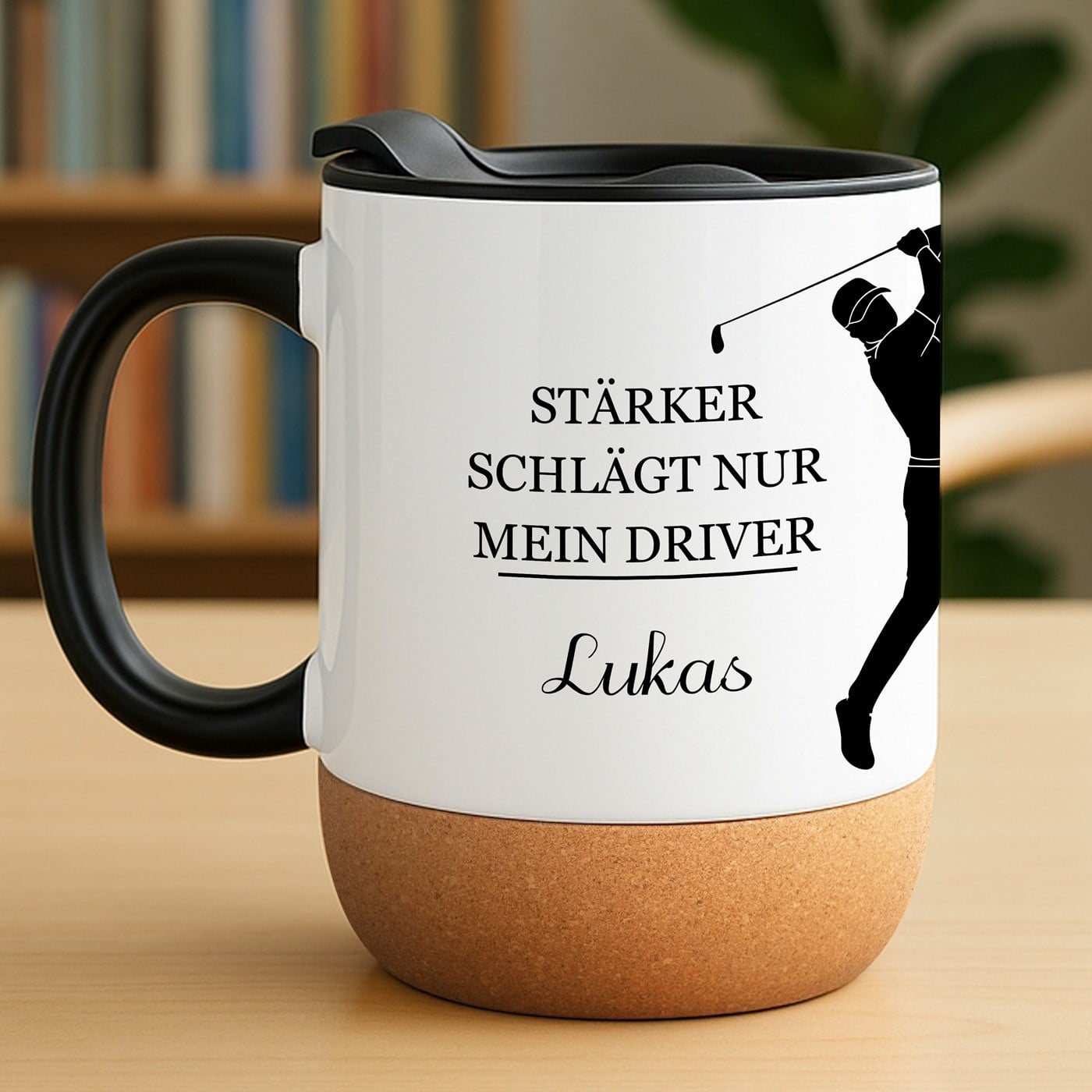 Kaffeebecher mit Aufdruck Weiß/Glänzend mit Korkboden für ihn, einen Golfer zum Geburtstag