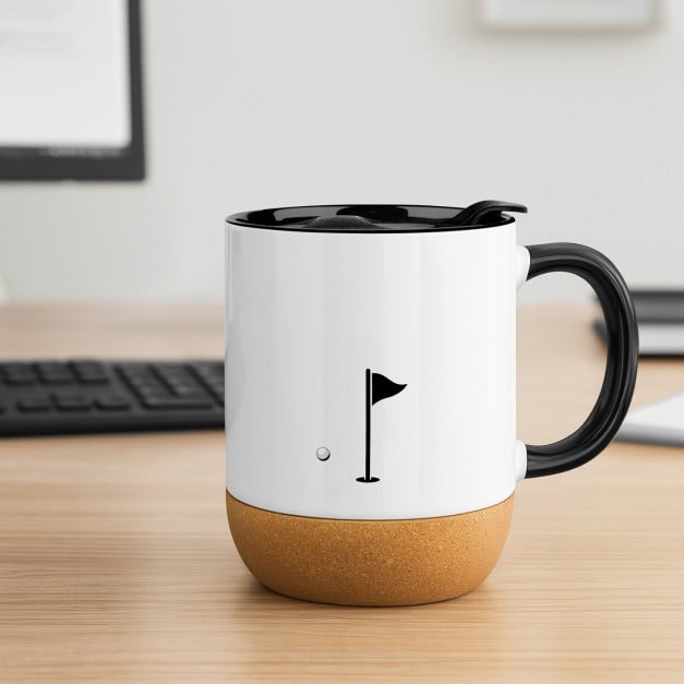 Kaffeebecher mit Aufdruck Weiß/Glänzend mit Korkboden für ihn, einen Golfer zum Geburtstag