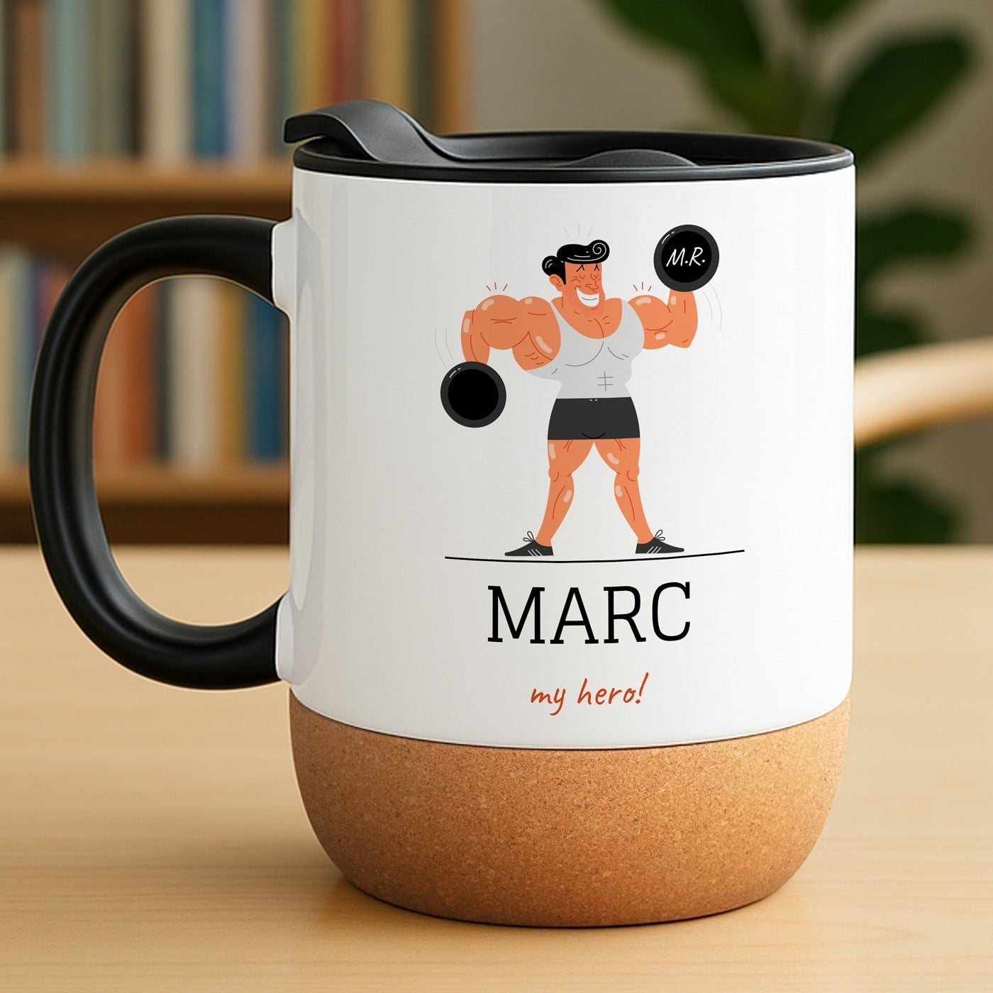 Kaffeebecher mit Aufdruck Weiß/Glänzend mit Korkboden für einen Bodybuilder zum Jungentag