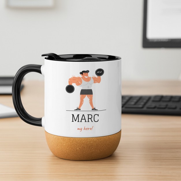 Kaffeebecher mit Aufdruck Weiß/Glänzend mit Korkboden für einen Bodybuilder zum Jungentag