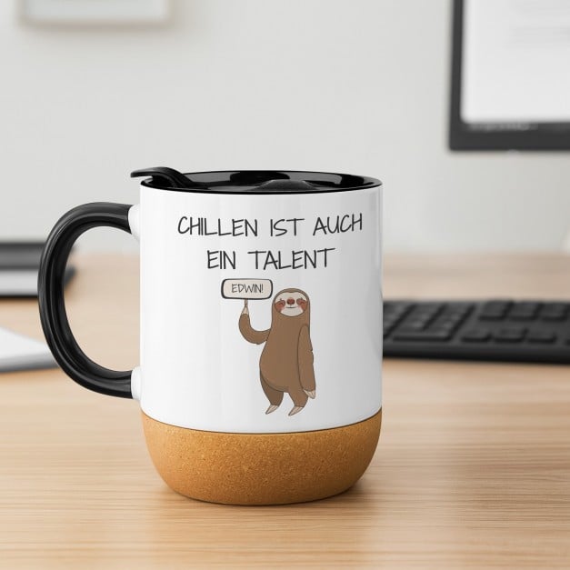 Kaffeebecher mit Aufdruck Weiß/Glänzend mit Korkboden für einen Arbeitskollegen
