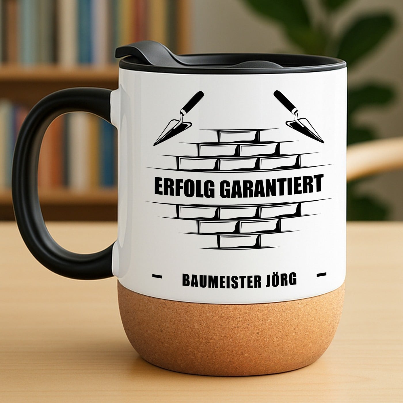 Kaffeebecher mit Aufdruck Weiß/Glänzend mit Korkboden für ihn, Vater, Baumeister