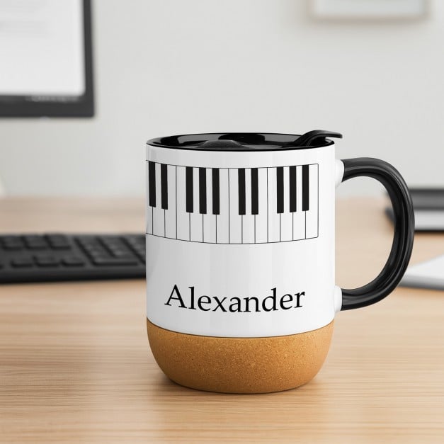 Kaffeebecher mit Aufdruck Weiß/Glänzend mit Korkboden für einen Klavierspieler zum Geburtstag
