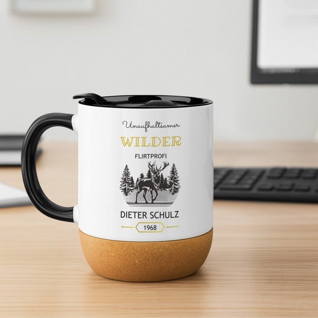 Kaffeebecher mit Aufdruck Weiß/Glänzend mit Korkboden für ihn, Ihren Freund, Kollegen
