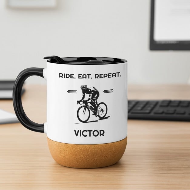 Kaffeebecher mit Aufdruck Weiß/Glänzend mit Korkboden für einen Radfahrer