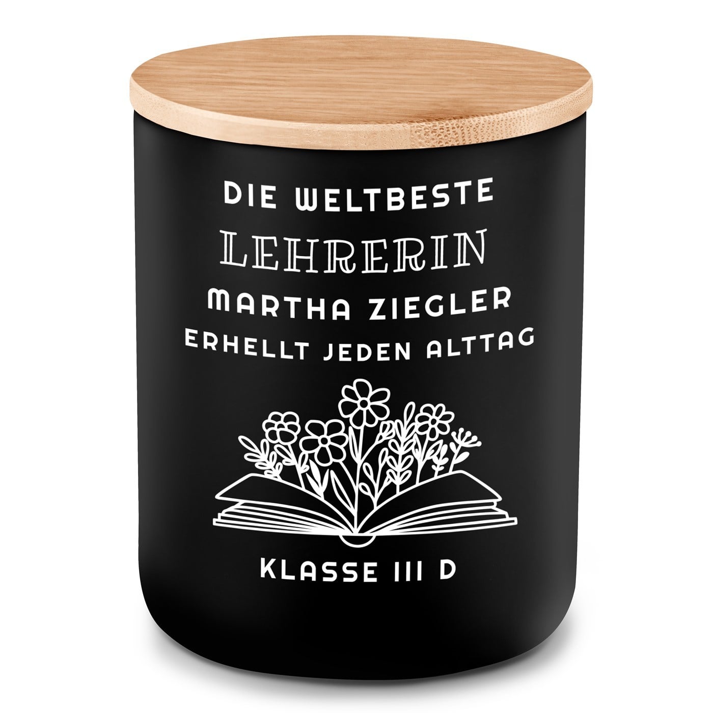 Die Soja-Duftkerze mit Gravur für eine Lehrerin