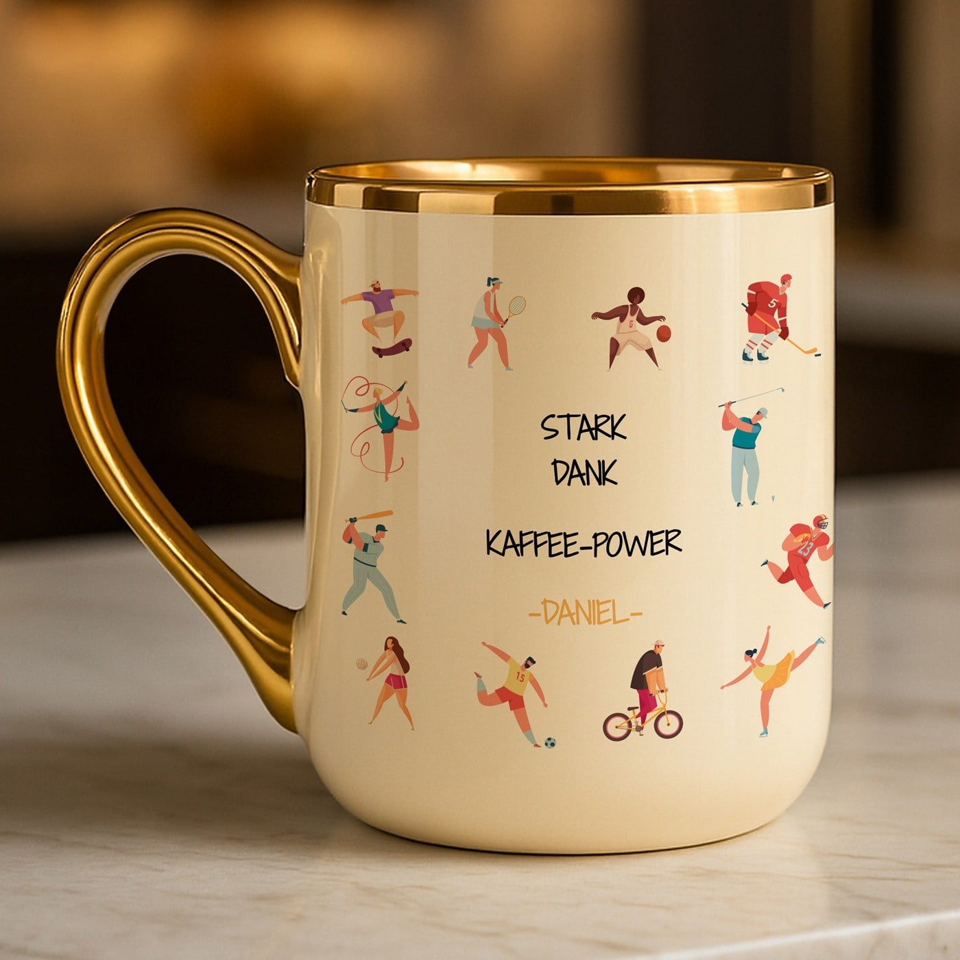 Kaffeebecher mit Goldakzenten und Aufdruck für einen Sportler zum Geburtstag