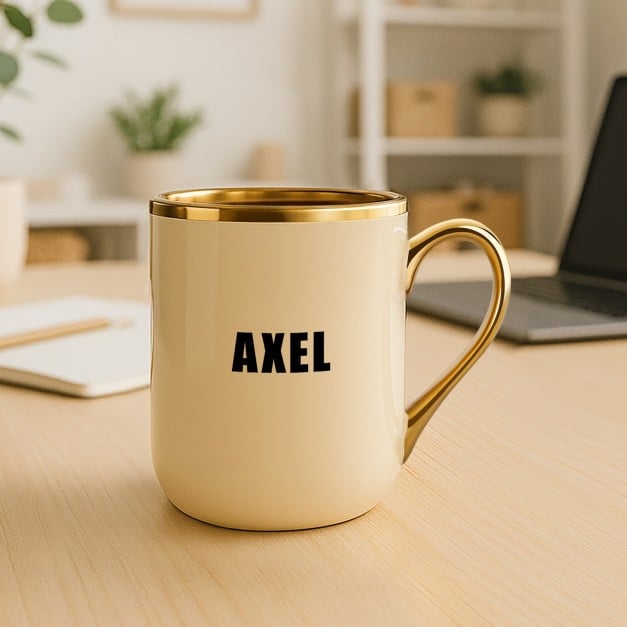 Kaffeebecher mit Goldakzenten und Aufdruck für einen Musiker, Schlagzeuger