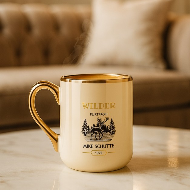 Kaffeebecher mit Goldakzenten und Aufdruck für ihn zum Junggesellenabschied, Geburtstag
