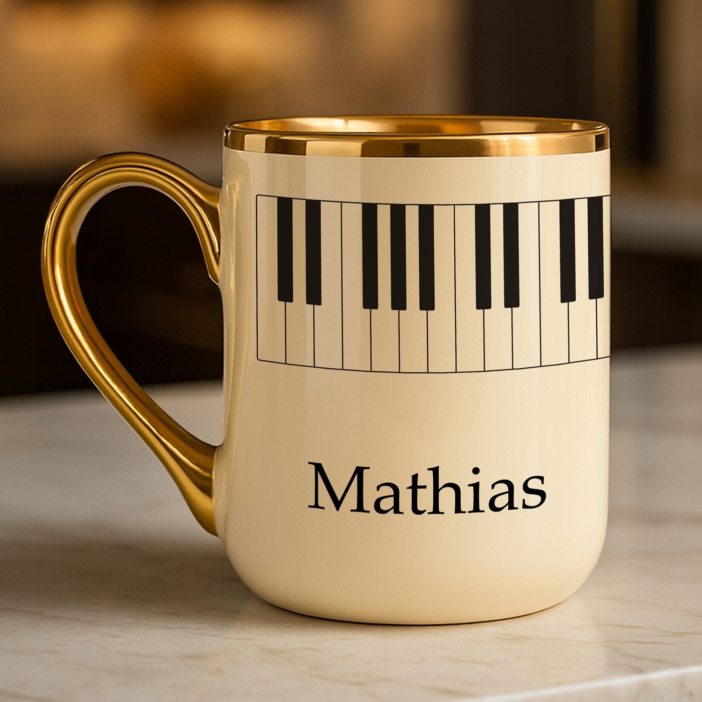 Kaffeebecher mit Goldakzenten und Aufdruck für einen Pianisten, Musiker zum Geburtstag