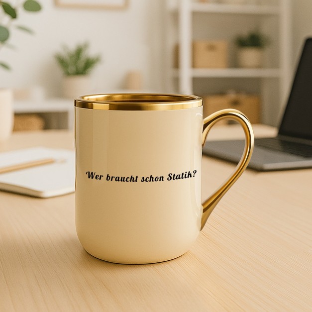 Kaffeebecher mit Goldakzenten und Aufdruck für einen Baumeister zum Geburtstag