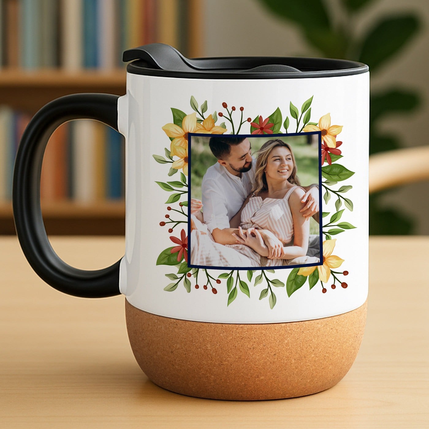 Kaffeebecher mit Foto Weiß/Glänzend mit Korkboden für sie zum Geburtstag