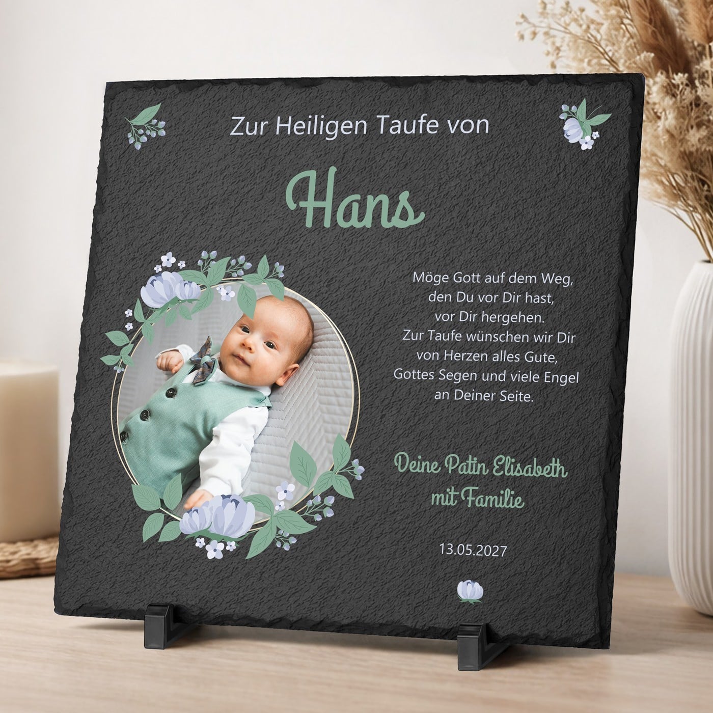 Schieferplatte mit Aufdruck für einen Jungen zur Heiligen Taufe