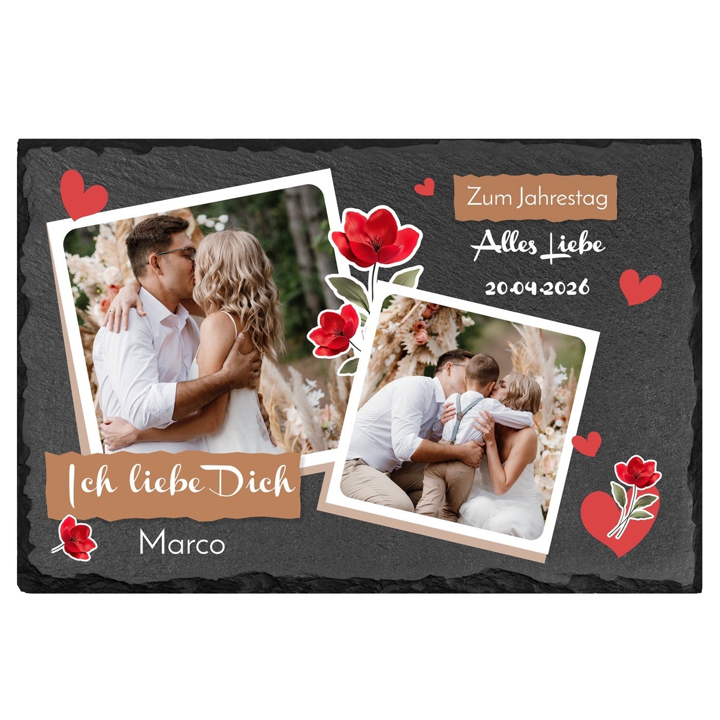 Eckige Schieferplatte mit Aufdruck für ein Liebespaar zum Hochzeitstag