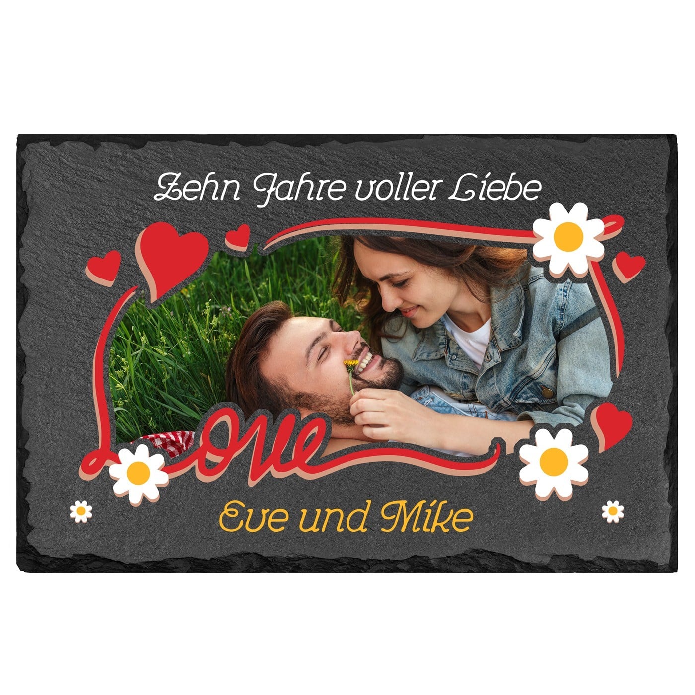Eckige Schieferplatte mit Aufdruck für ein Liebespaar zum 10. Jahrestag