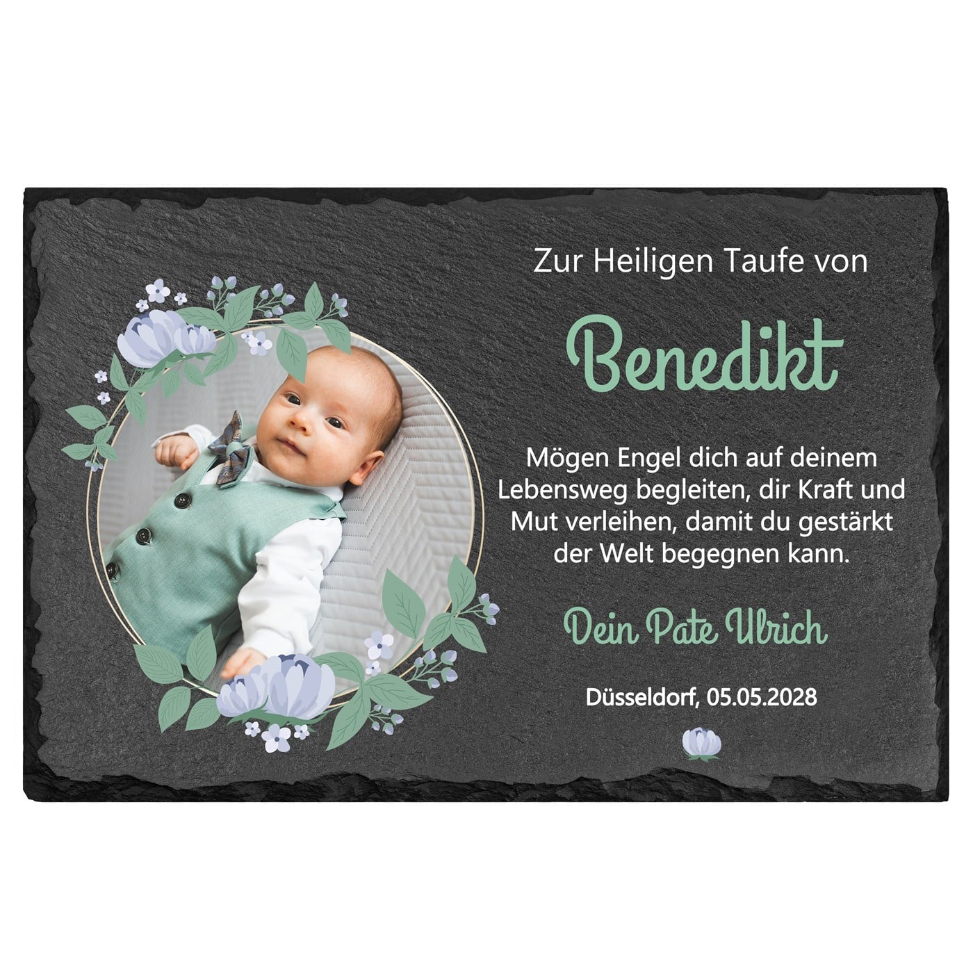 Eckige Schieferplatte mit Aufdruck für einen Jungen zur Heiligen Taufe