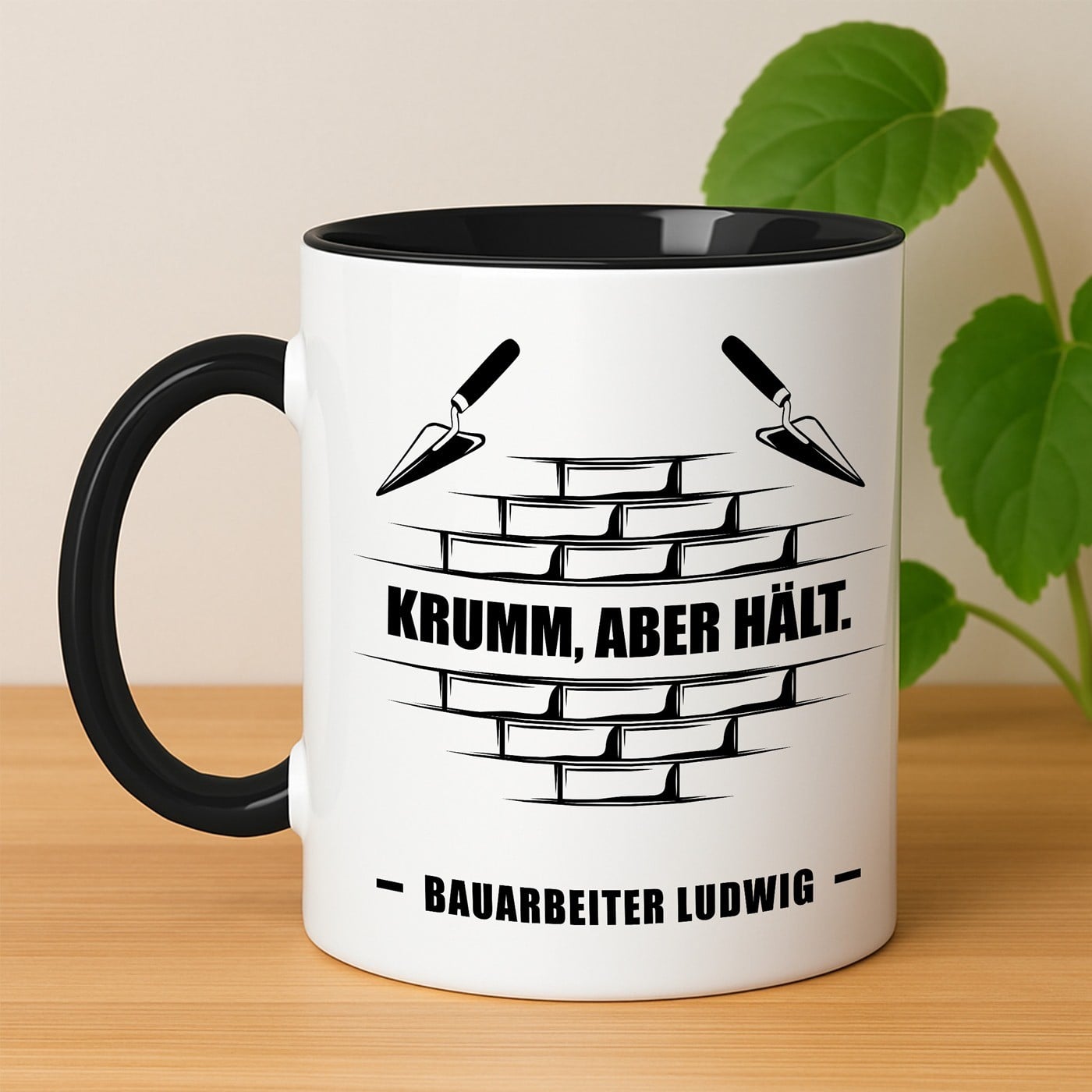 Kaffeebecher mit Aufdruck Weiß/Glänzend Innen Schwarz für einen Baumeister