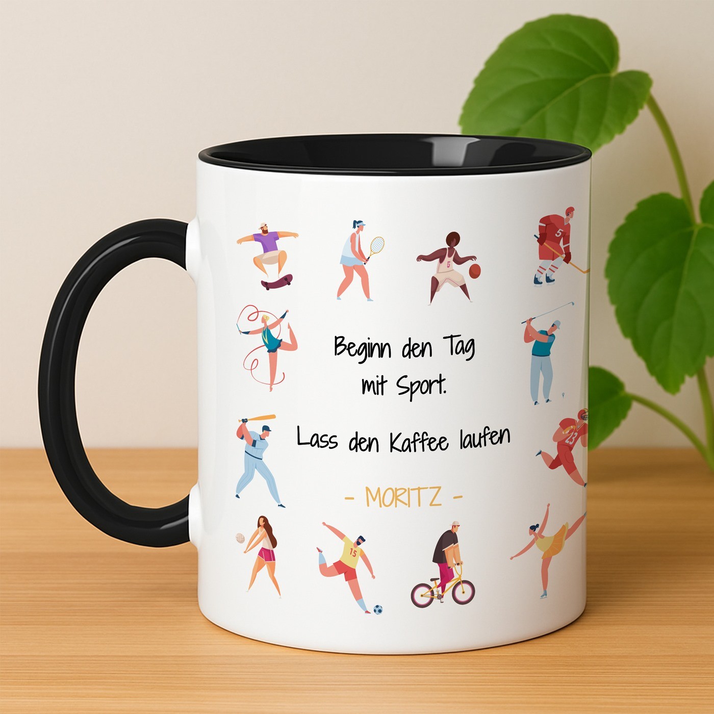 Kaffeebecher mit Aufdruck Weiß/Glänzend Innen Schwarz für einen Sportler