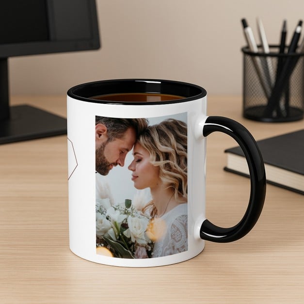 Kaffeebecher mit Foto Weiß/Glänzend Innen Schwarz für ein Brautpaar zur Hochzeit