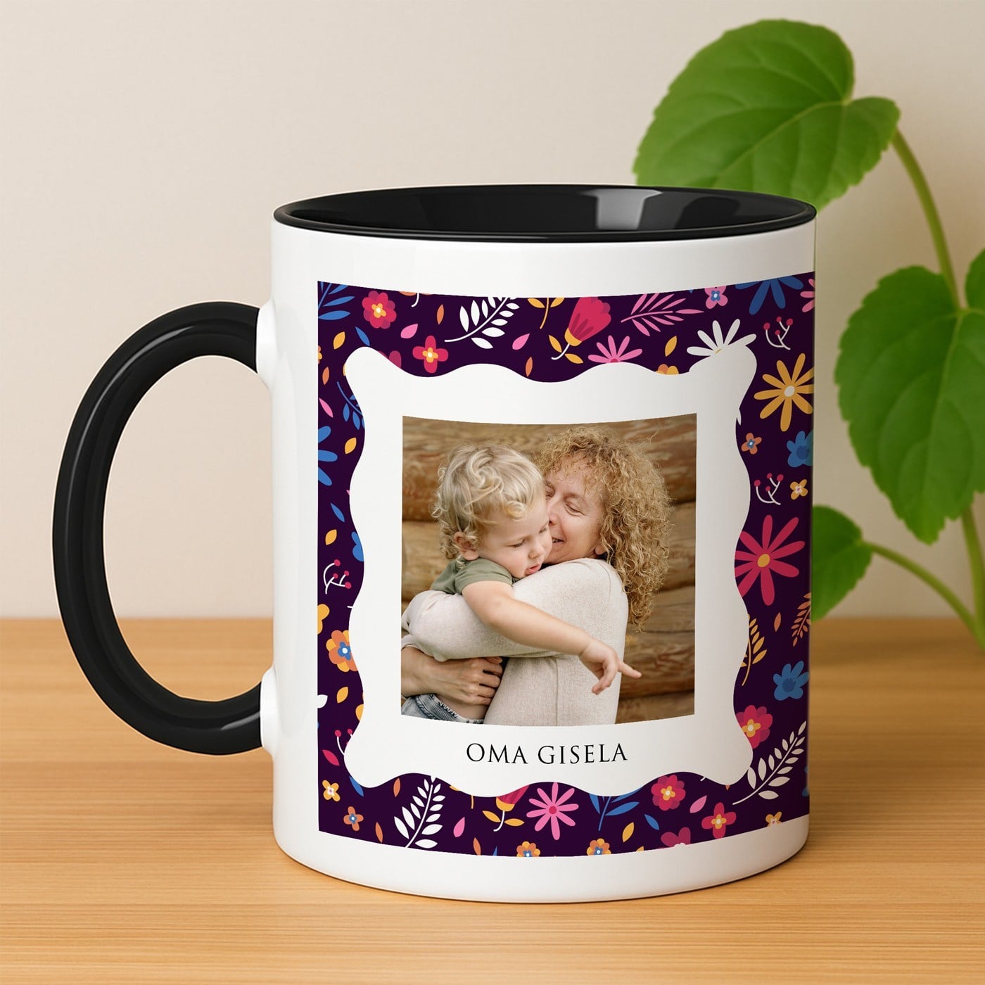 Kaffeebecher mit Foto Weiß/Glänzend Innen Schwarz für Ihre Oma zum Geburtstag