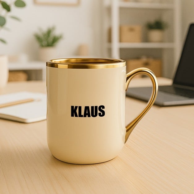 Kaffeebecher mit Goldakzenten und Aufdruck für einen Bartträger