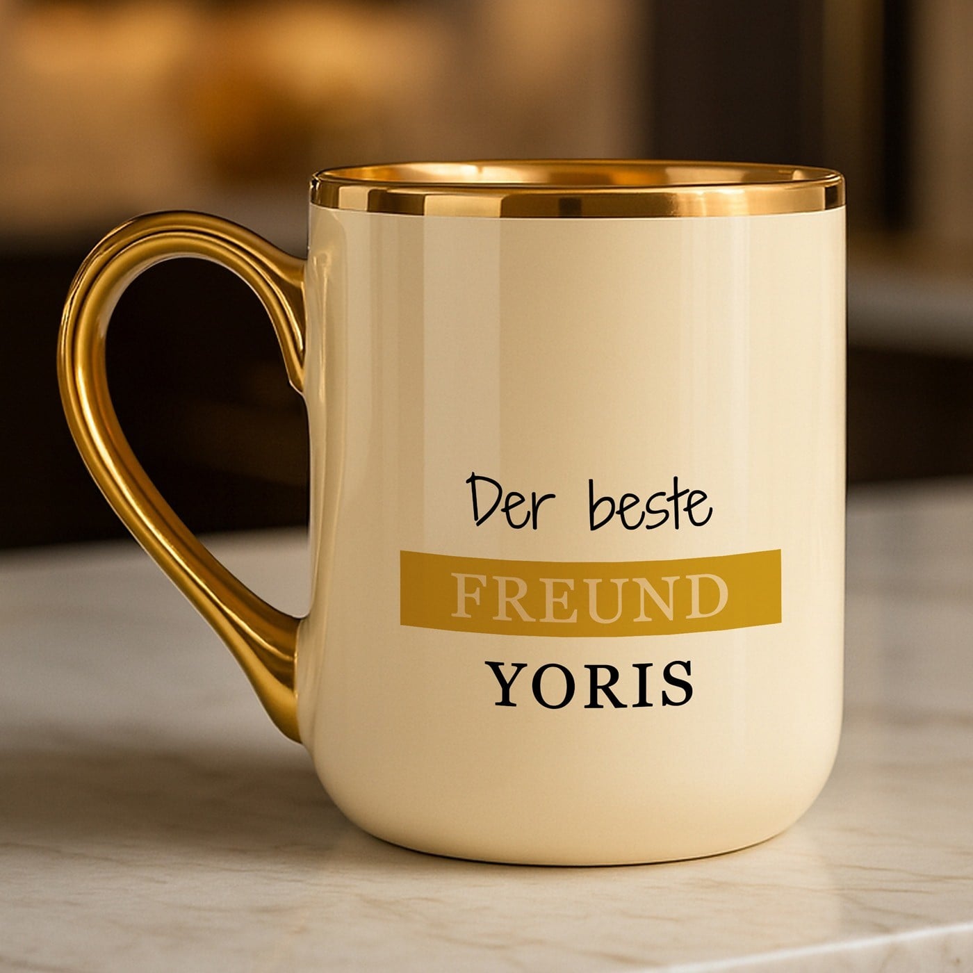 Kaffeebecher mit Goldakzenten und Aufdruck für Ihren Freund zum Geburstag