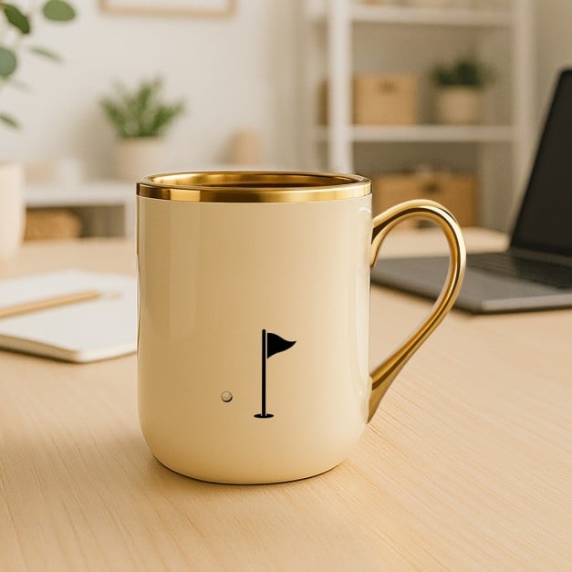 Kaffeebecher mit Goldakzenten und Aufdruck für einen Golfer